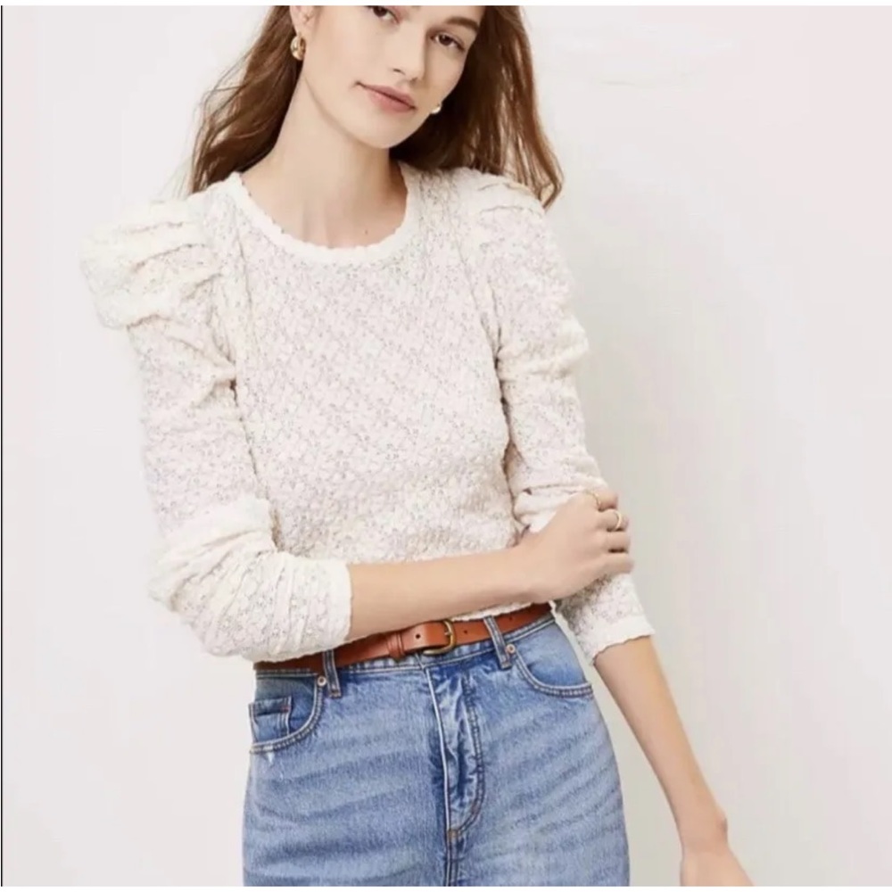 NWT LOFT Women's Floral Lace Pleated Puff Sleeve Top - Ivory - Size Small